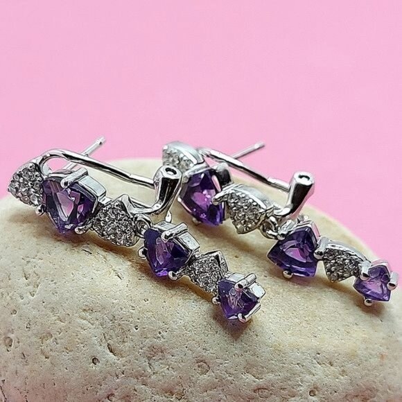 Natural Amethyst 6mm &‎ CZ 14K White Gold Plate on 925 Sterling Silver Earrings - Picture 3 of 6